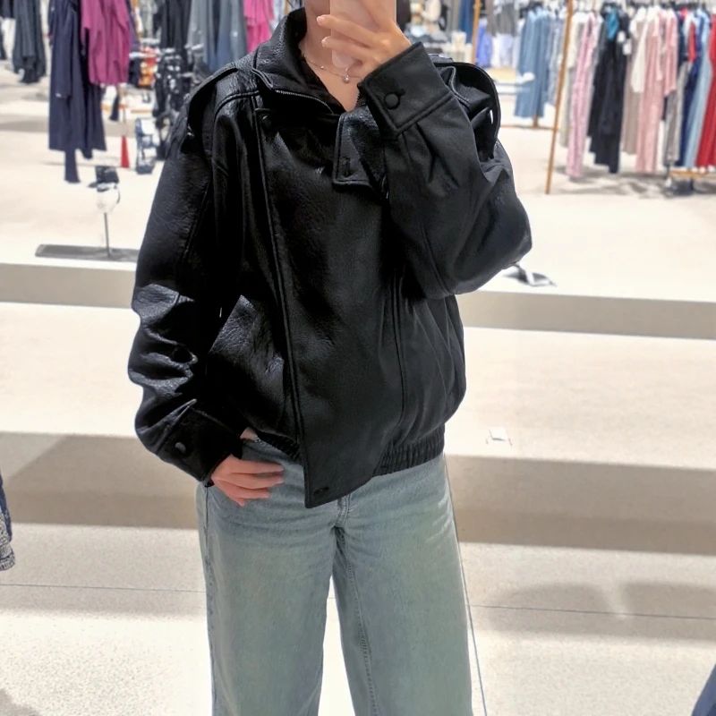 Frauen Lange Sve Zipper Kunstleder Jaet Stehkragen Mantel Herbst Neue Ankunft Casual Pendeln Sle Lose Fit Leder Mantel