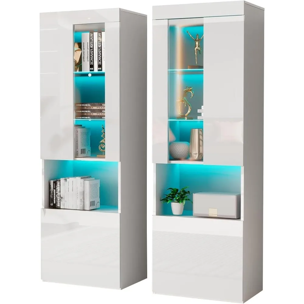 2-piece 5-storey glossy LED light bookshelf with glass door and adjustable glass frame, suitable for living room