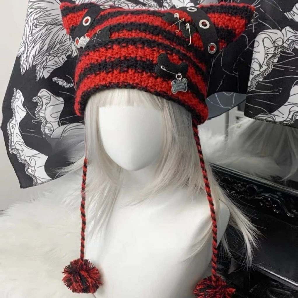 Y2k ثقافة فرعية فتاة قبعة Harajuku أرنب الأذن قبعات القوطية الشرير Kawaii الخريف 2025 الدافئة شريط نمط قبعة الدفء قبعة 2025