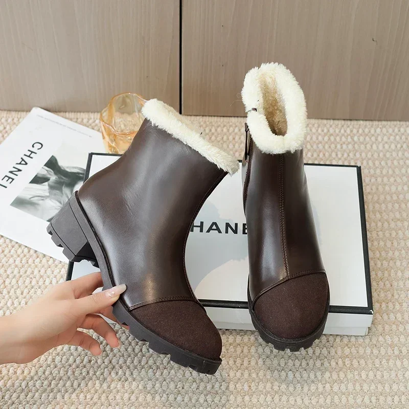 Bottes à bout rond avec fermeture éclair pour femme, chaussures à plateforme, talon optique, monochromatique, mode d'hiver, nouveau, 2023