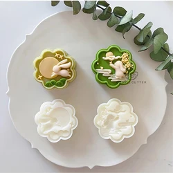 2Pcs 50g 63g Rabbit Fly to Moon Cookie Cutter Stamp Moon Cake Plunger Mold Mid-Autumn Festival Pastry Dessert Baking Accessories