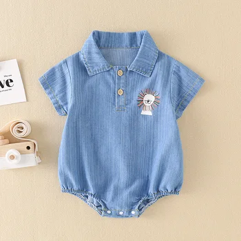 슈퍼 귀여운 아기 데님 Romper 여름 옷 남성 여성 아기 짧은 소매 작업복 보름달 동안 야외에 적합 