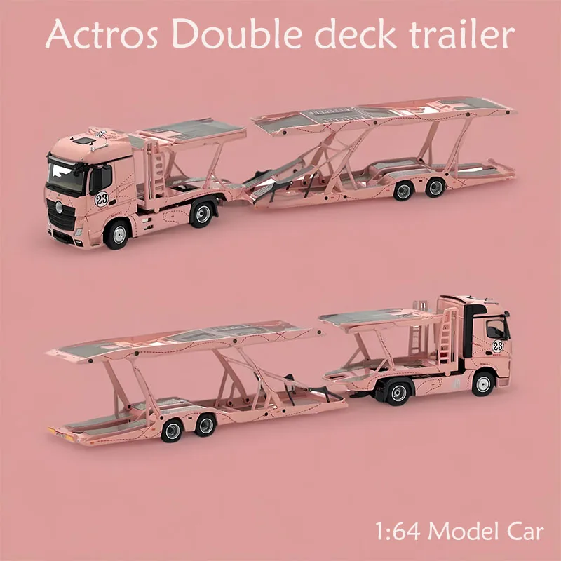 New Arrivals 1/64 Scale Benz Actros Double Decker Car Trailer Diecast Model Car Collection Display Gift Toy Scene Decoration