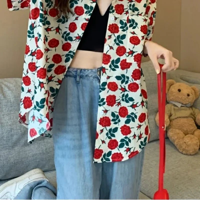 Vintage Flower Shirt Summer New Vintage Printing Shirt Tops Polo Neck Short Sleeve All-Match Loose Blouse Fashion Casual Women
