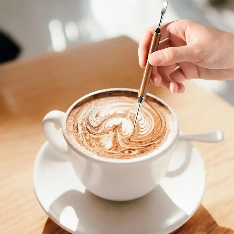 Stainless Steel Coffee Pen Duals-Ended Cappuccino Espresso Coffee Latte Art Pen With Wood Handle For Coffee Decoration