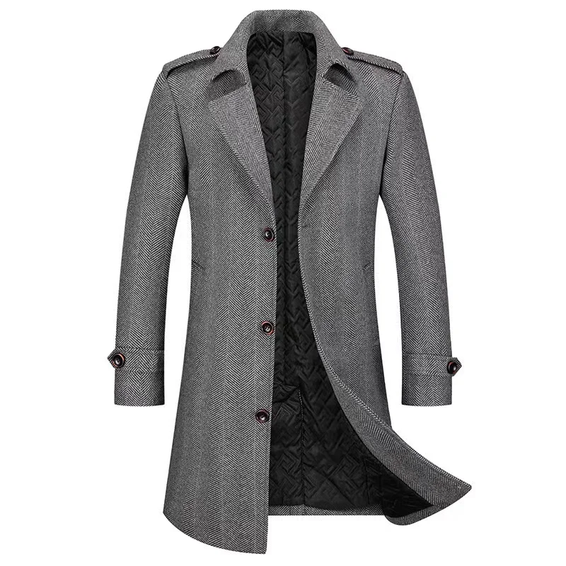 2024 Autumn/Winter New Men's Herringbone Woolen Coat Fashion Collar Thickened Cotton Wool Woolen Coat Warm Business Casual Coat