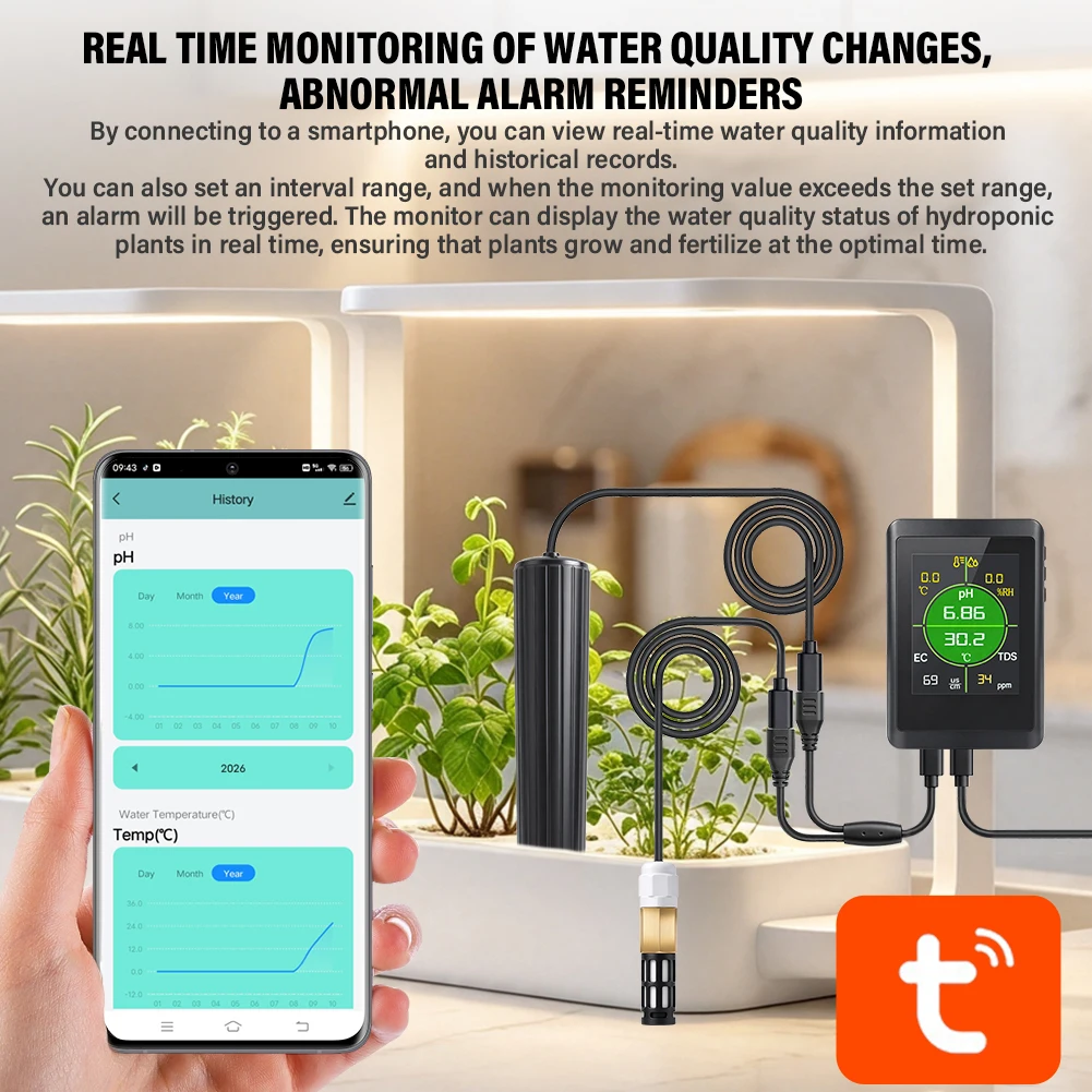 HY485 6-In-1 WiFi Water Quality Monitor Tuya App pH EC TDS Meter With Water Temp Air Humidity For Hydroponics Plant Grow