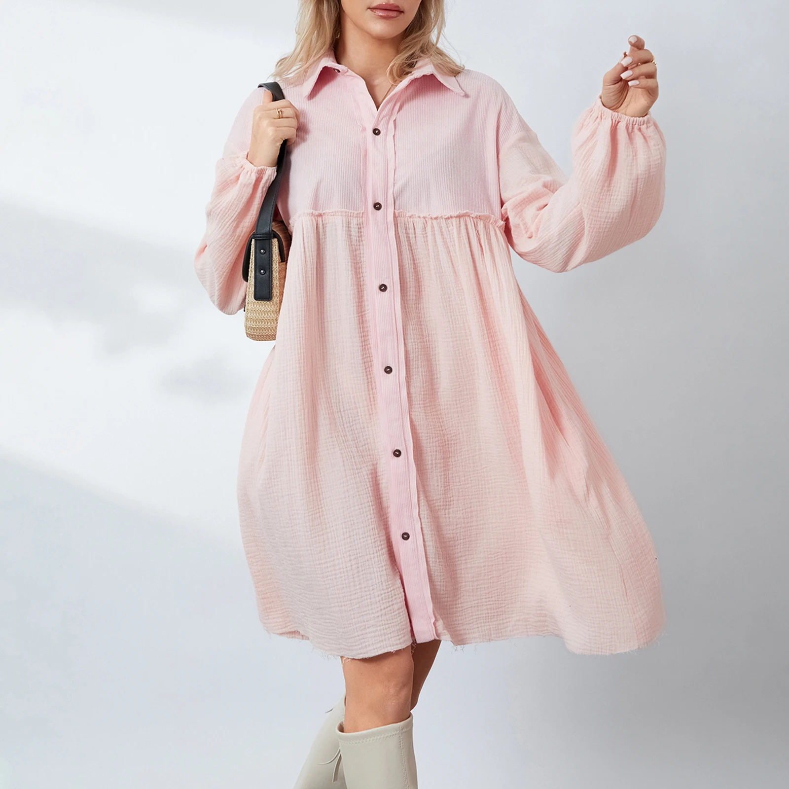 

Women's Fashion Summer Shirt Dress Long Sleeve Turn-Down Collar Loose Casual Knee Length Dress