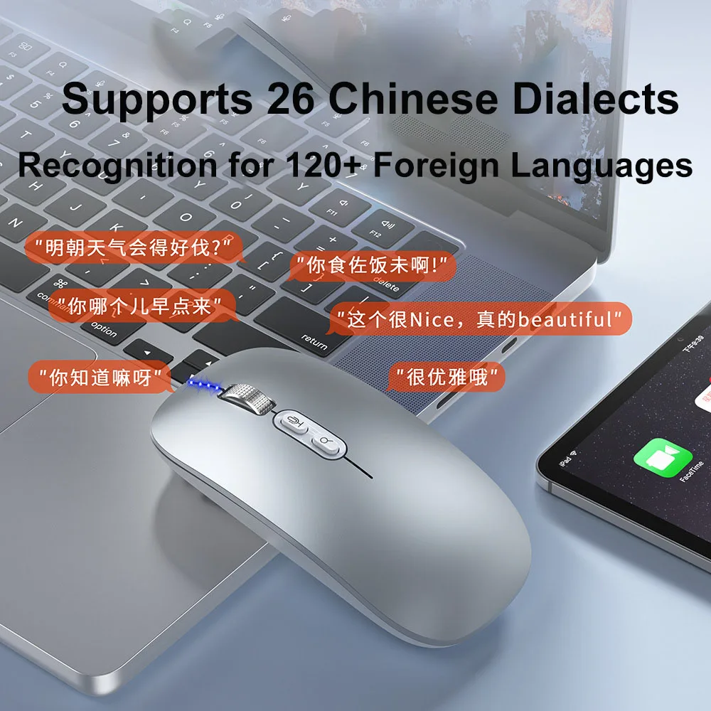 AI Speech to Text Mouse Dual-Mode Wireless Bluetooth Rechargeable 1600DPI with 150+ Languages Translation for Laptop Tablet