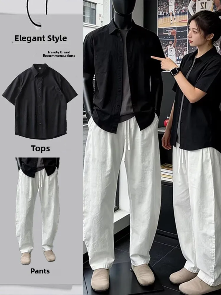 

White Quick-Dry Linen Knife-Shape Pants Men's Summer Casual Ice Silk Short-Sleeve Shirt Set Long Pants for Teenagers