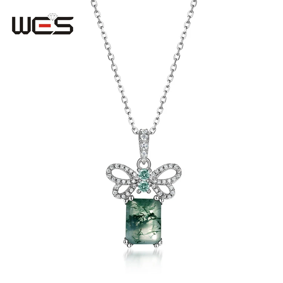 

WES 925 Sterling Silver Natural 7*9mm Moss Agate Gemstone Pendant for Woman No Chain Wedding Engagement Gift Fine Jewelry