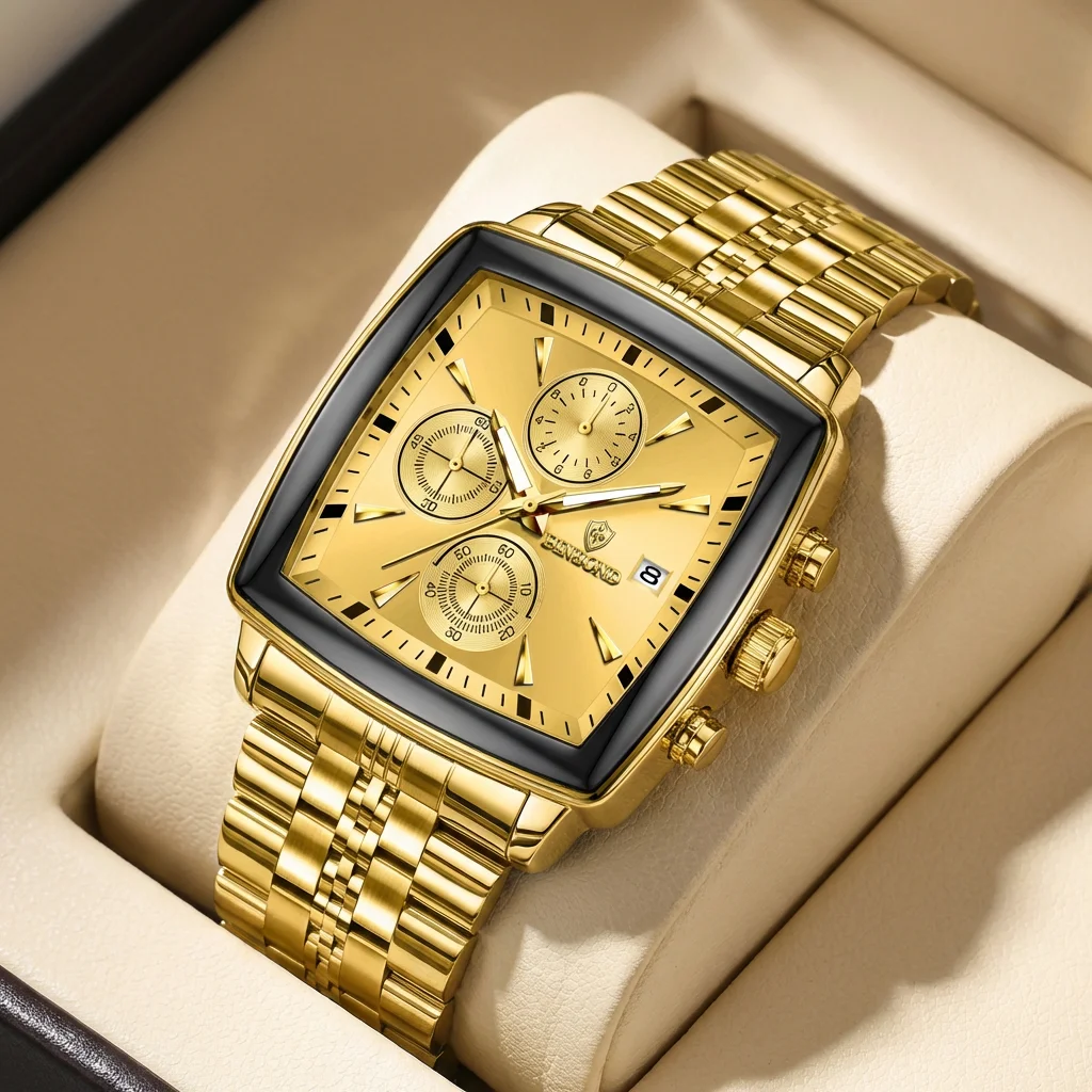 1 Stück Bestseller Quadratische Zifferblatt-Uhr, Glänzendes Metallarmband, Multifunktionale Chronograph-Armbanduhr, Schlicht und Elegant