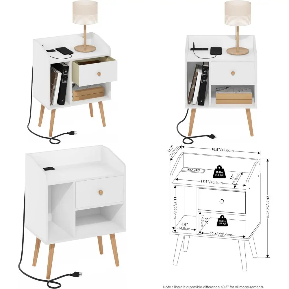 

Mid-Century Style Side Table with Charging Station, Wooden Legs Nightstand, Bedside Table Featuring USB and Type Ports