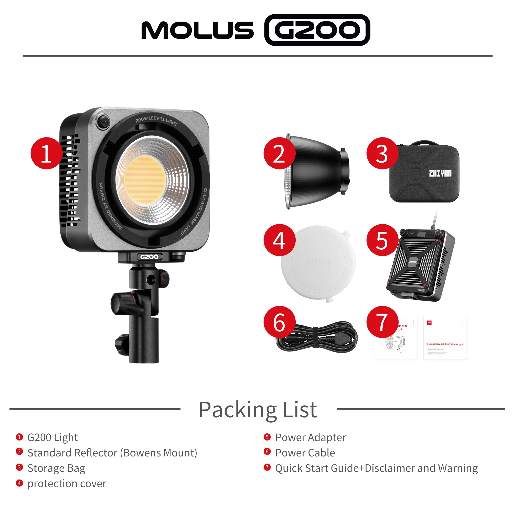 ZHIYUN MOLUS G200 200W COB LED Light 2700K-6500K Photography Lighting For Photos Studio Video Outdoor Shooting