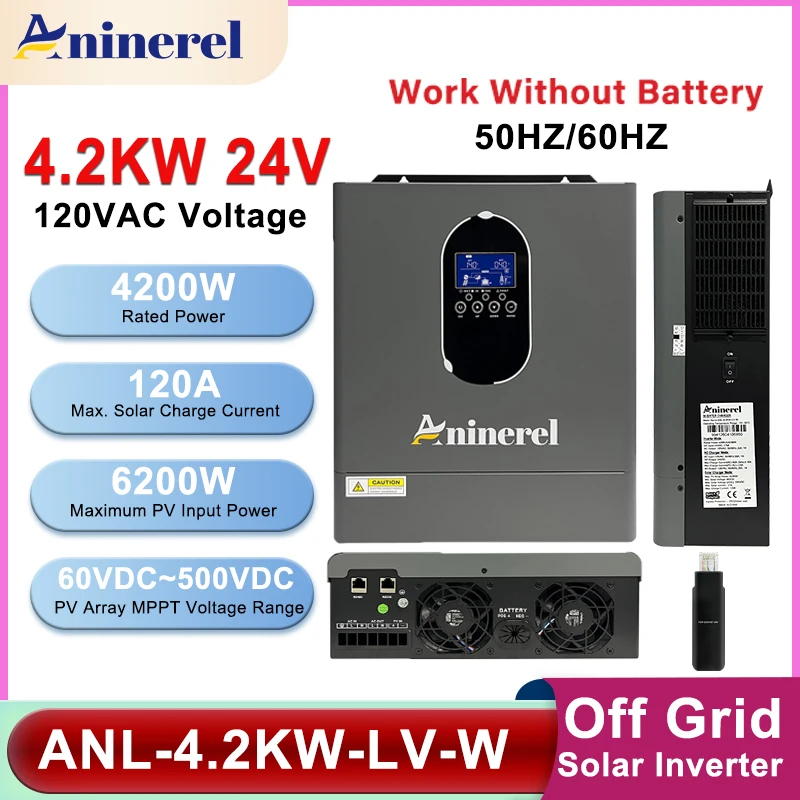 Aninerel 4.2KW 110V Hybrid Off Grid Solar Inverter Pure Sine Wave MPPT 120A 6200W  Solar Charger Power Home LCD Display Inverter