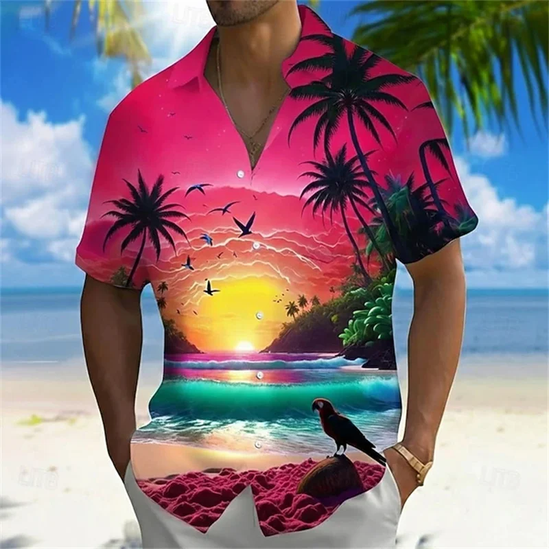 Men's Retro Hawaiian Style Short-Sleeve Shirt, Gradient Starry Sky and Coconut Tree Print, Casual Vacation Men's Shirt, XS-6XL