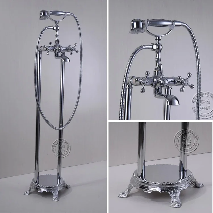 

Bathtub Faucets Brass Chrome Floor Stand Bathroom Rain Handheld Shower Waterfall Faucet Telephone Type Bath Mixer Tap