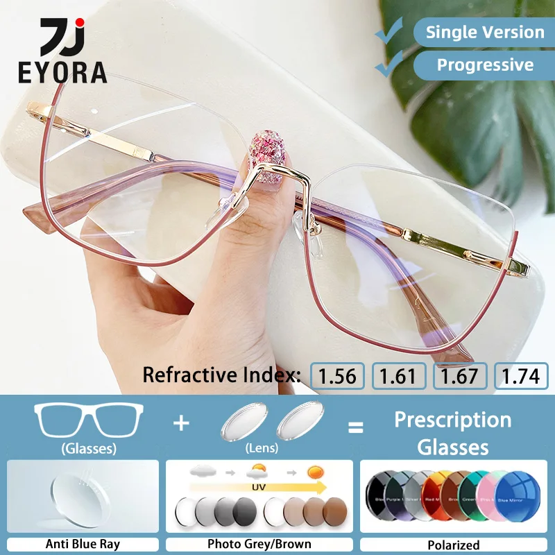 

EYORA Currents Cat Eye Half-Frame Reading Glasses Myopia Eyewear Hyperopia Anti Blue Light Progressive Photochromic Eyewear Lens