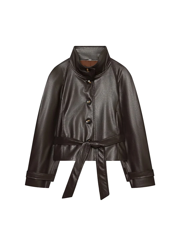 Women Leather Jacket Belted Waist Loose Shoulder Pad Faux PU Jacket Long Sleeve Street Coat Casual Spring Autumn Outerwear