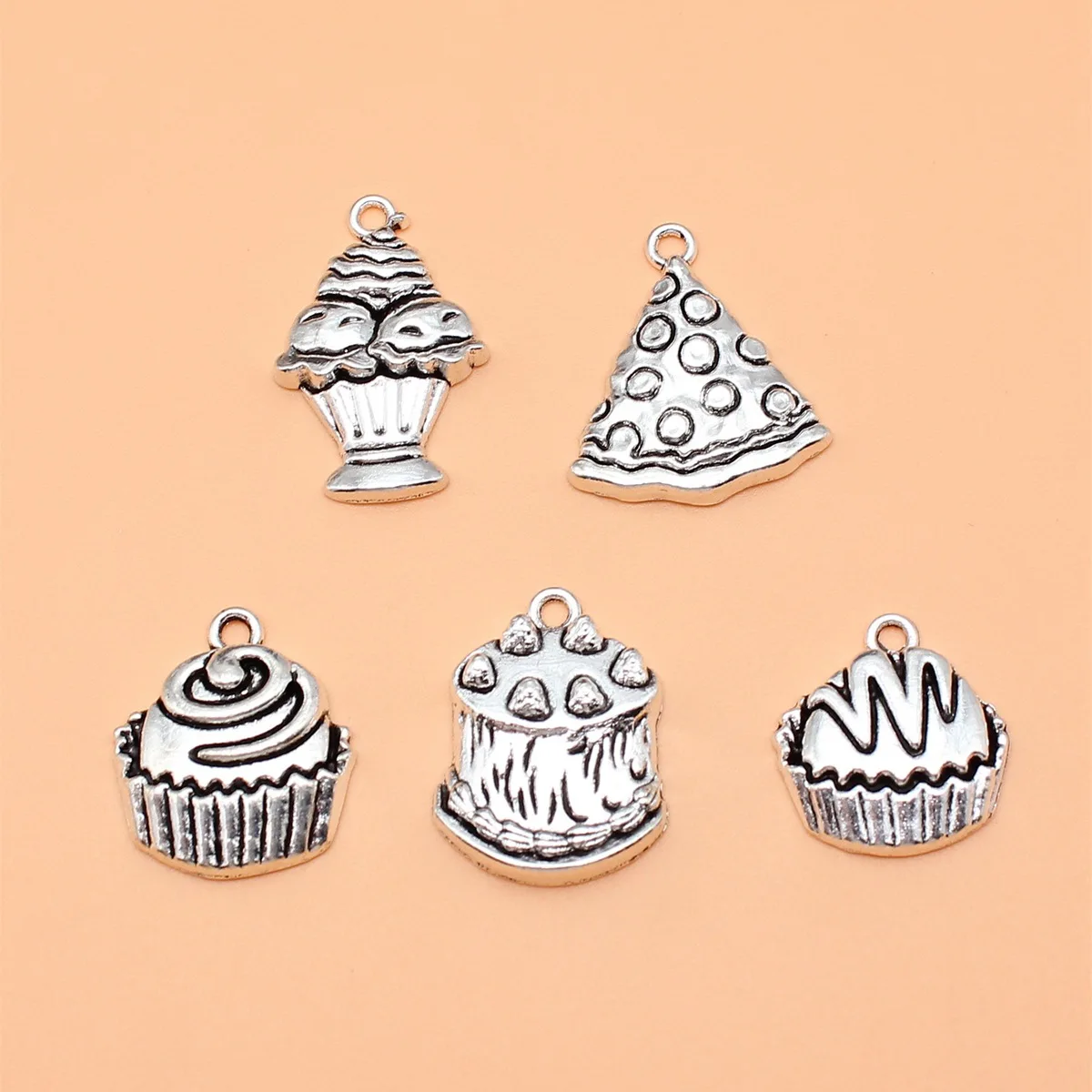 120Pcs/Bag 5 Styles Antique Silver Color Ice Cream Cupcake Pizza Charms Pendant Diy Jewelry Accessories For Jewelry Making