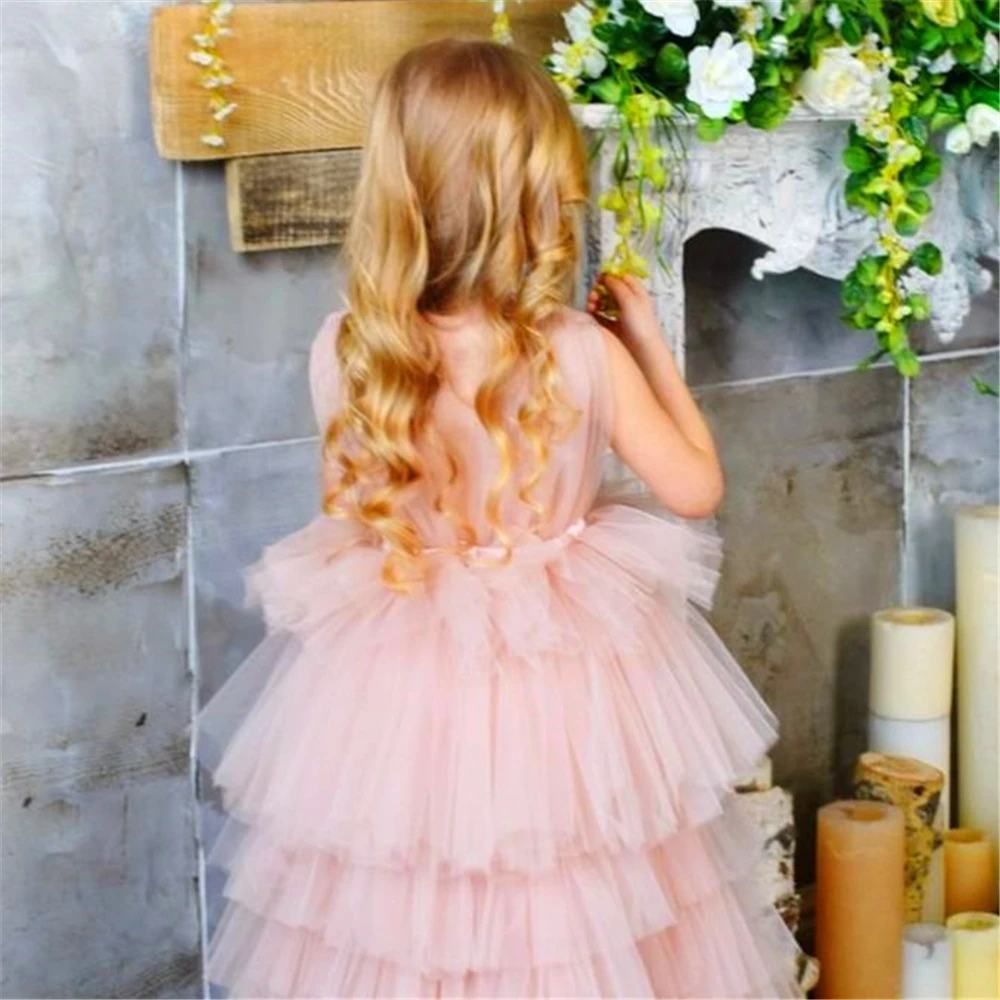 Vestido inchado de tule para meninas, vestido rosa em camadas sem mangas para concurso, elegante, primeira comunhão, festa infantil, vestido de baile