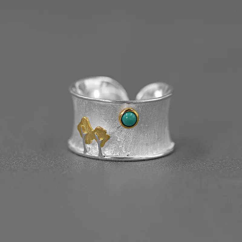 EGGROL Two-Tone Opal Turquoise Wide Ring, Suitable for Female Designers, Chic Tree Moon Cocktail Ring