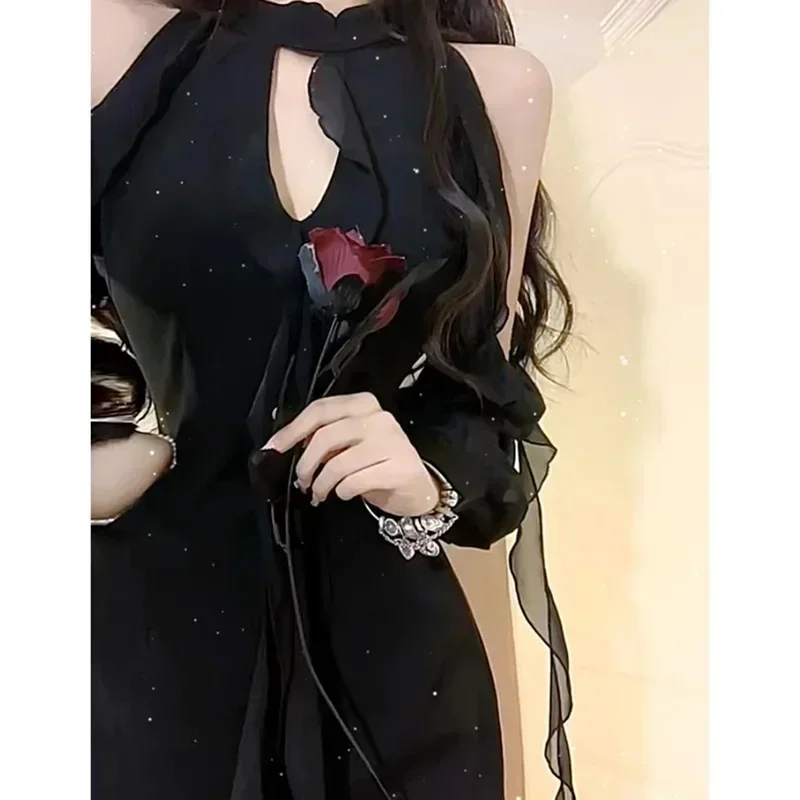 

Black Dresses Women Sexy Hollow Out Female Casual Temperament New Spring Off Shoulder Korean Style Solid Hotsweet Korean Fashion