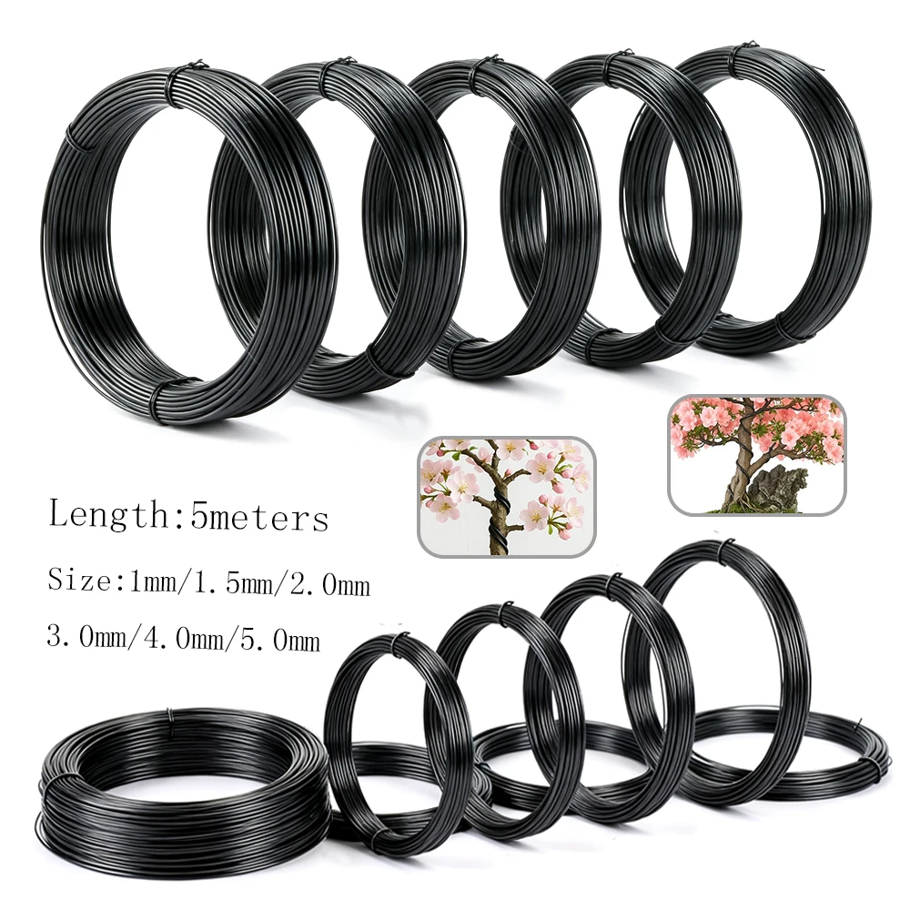 1PC Premium Anodized Aluminum Bonsai Training Wire - 6 Sizes (1-5mm) 5m Black Anti-Rust Garden Supplies for Bonsai Shaping