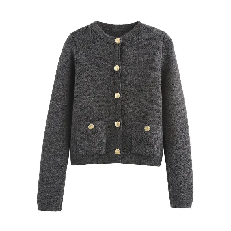 

Golden Button Decorated Regular Length Cardigan Fall Winter New Arrival Women's Knitted Long round Ne Coat