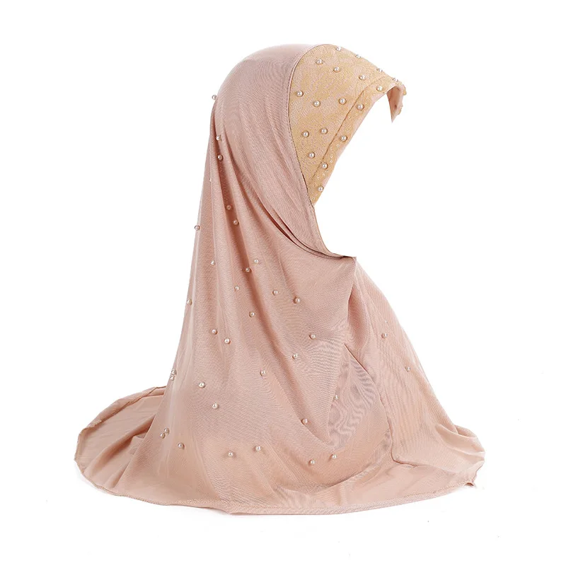 One piece Casual Muslim Women's Girls Hijabs Double-layer Mesh Beaded Arabic Headscarf Fashion Hat