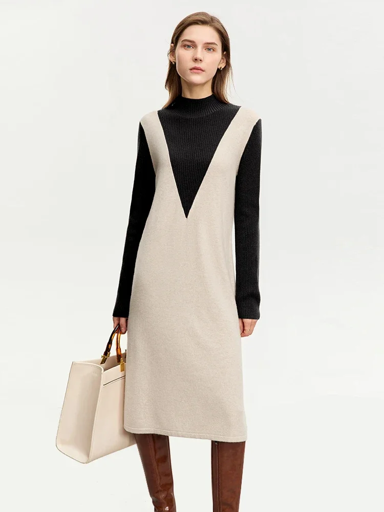 AMII Dresses For Women 2023 Winter New Fashion Half High Neck Fake Two Contrast Stitching Female Wool Midi Trendy Dress 12344274