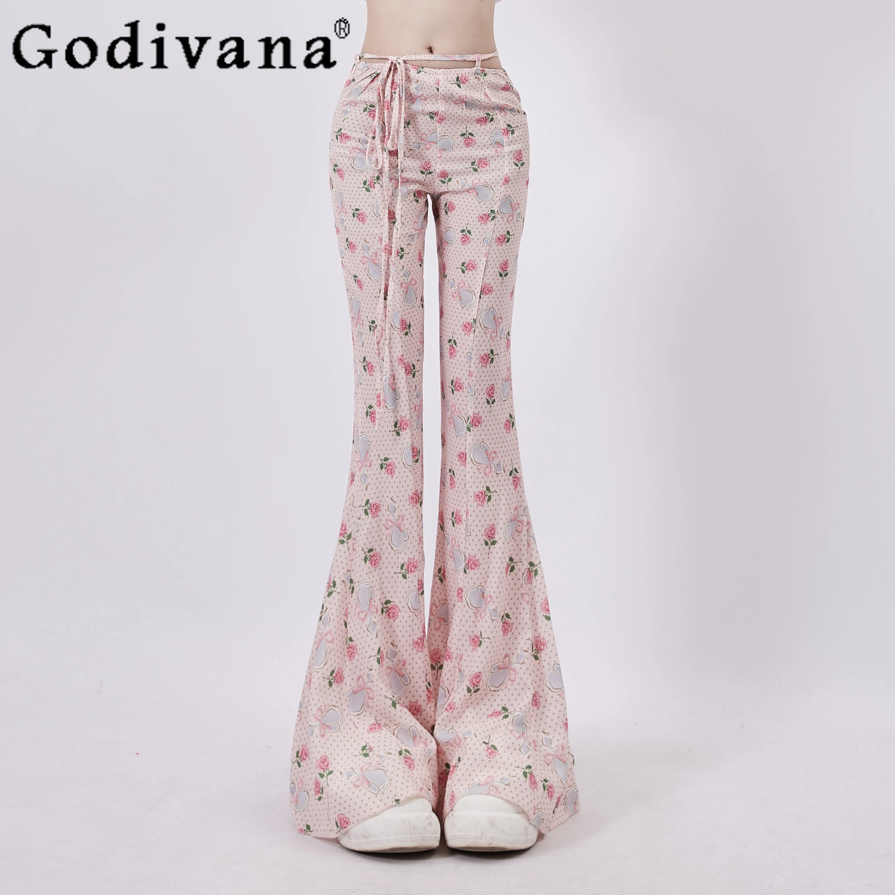 Calça Alargante de ajuste fino feminina, calça elegante, casual, estampada, oca, sexy, doce, moda coreana, Y2K, verão, novo, 2024