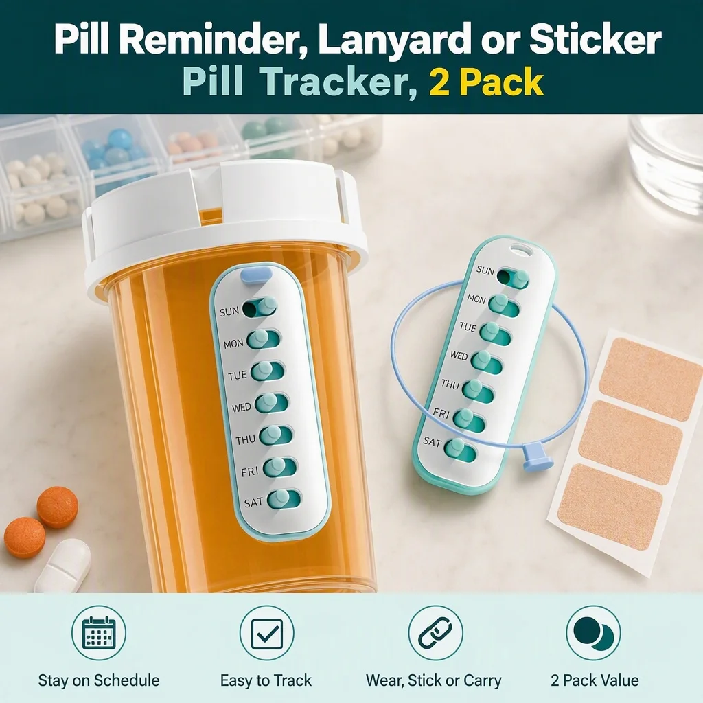 Lanyard or Sticker Pill Tracker,Pill Reminder, 2 Pack Weekly 7 Day Medicine Organizer, Easy Date Mark, For Elderly & ADHD