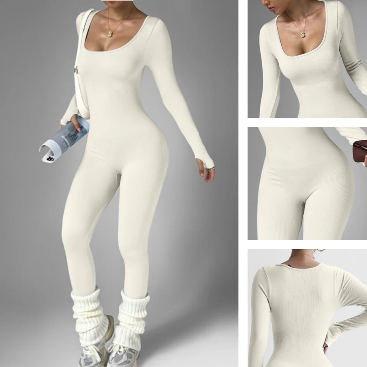 

Женский бесшовный комбинезон для йоги с длинными рукавами и квадратным вырезом, комплект из ребристого боди и леггинсов, цельный непрозрачный костюм для йоги
