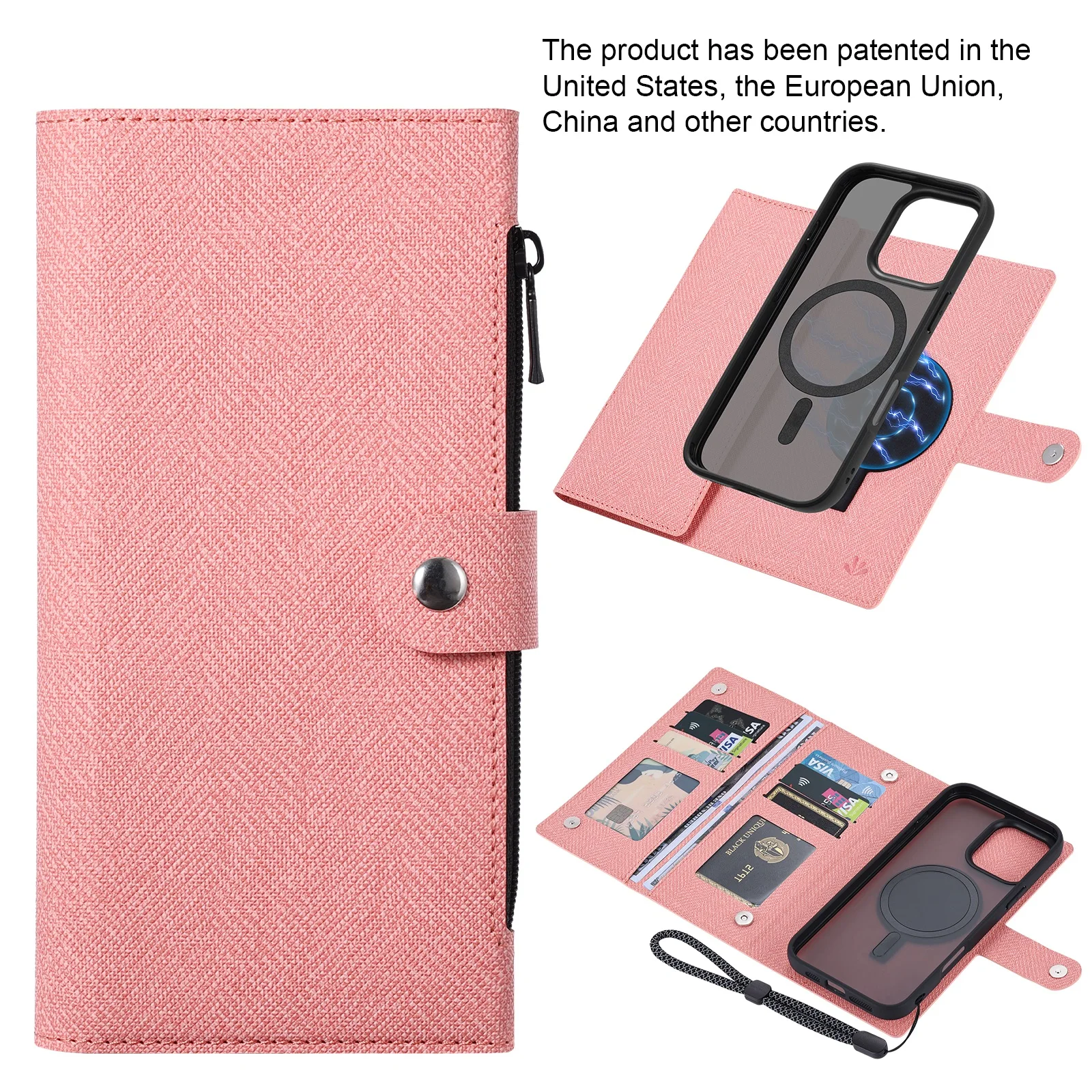 Removable leather zipper Wallet (RFID Blocking) Cardholder Magnetic Wireless Charging Case for Magsafe iPhone 16 15 Pro Max Plus