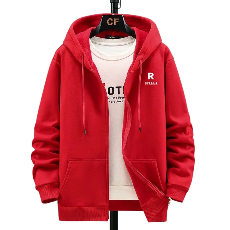 

Men's Fleece-Lined Hooded Zip-Up Cardigan, New Autumn and Winter Trendy Fashion Jacket, Plus Size Loose-Fit Coat