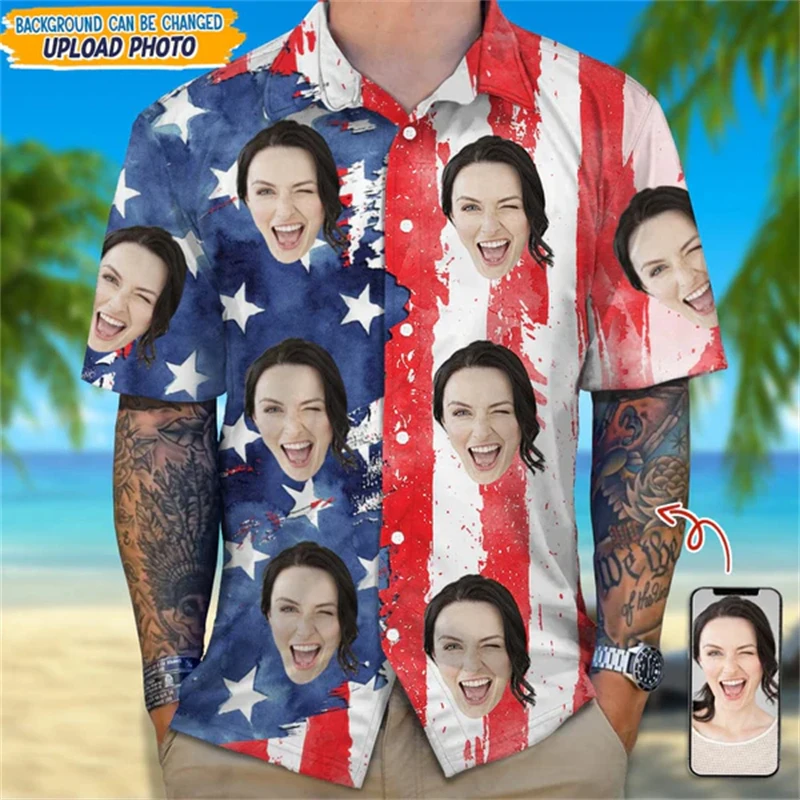 All Over Print Custom Face Photo Hawaii Shirts USA Flag Graphic Picture Unisex Hawaiian Holiday Funny Beach Shirt Blouse Tops