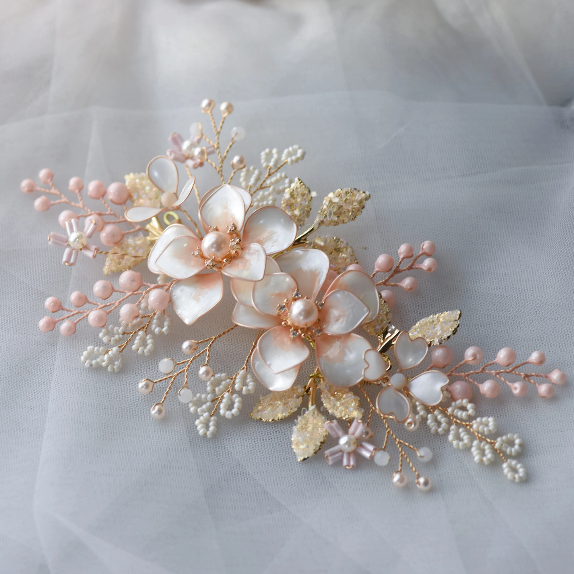 Light Champagne Flower Bridal Barrttes Hairbands for Woman, Leaves Wedding Headpieces