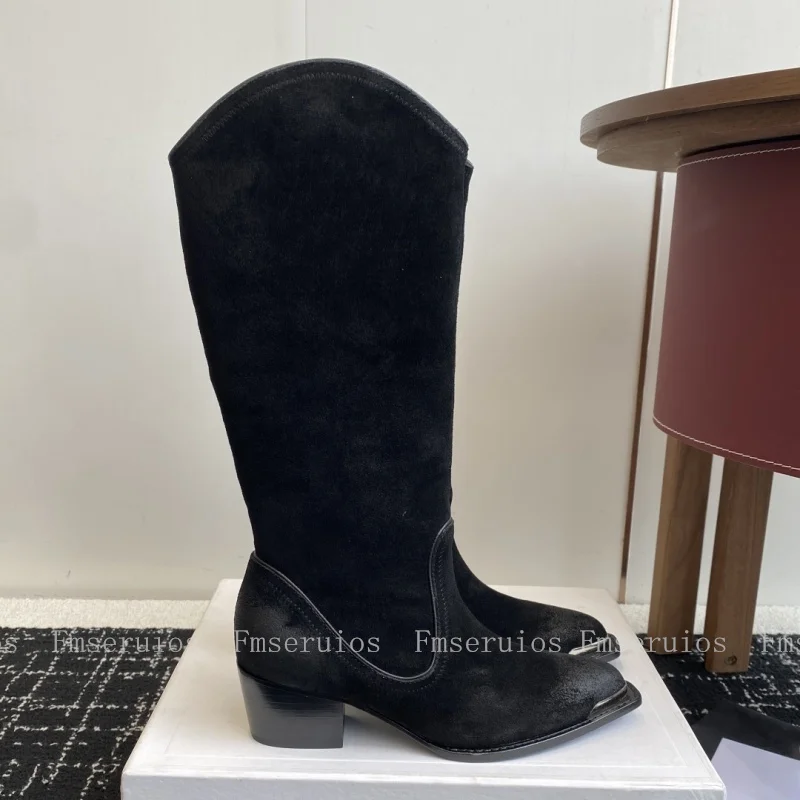 2025 العصرية قبعات رعاة البقر الغربية أحذية النساء حذاء برقبة للركبة كعب مكتنز جلد طبيعي أشار تو موضة أنيقة تصميم موجز