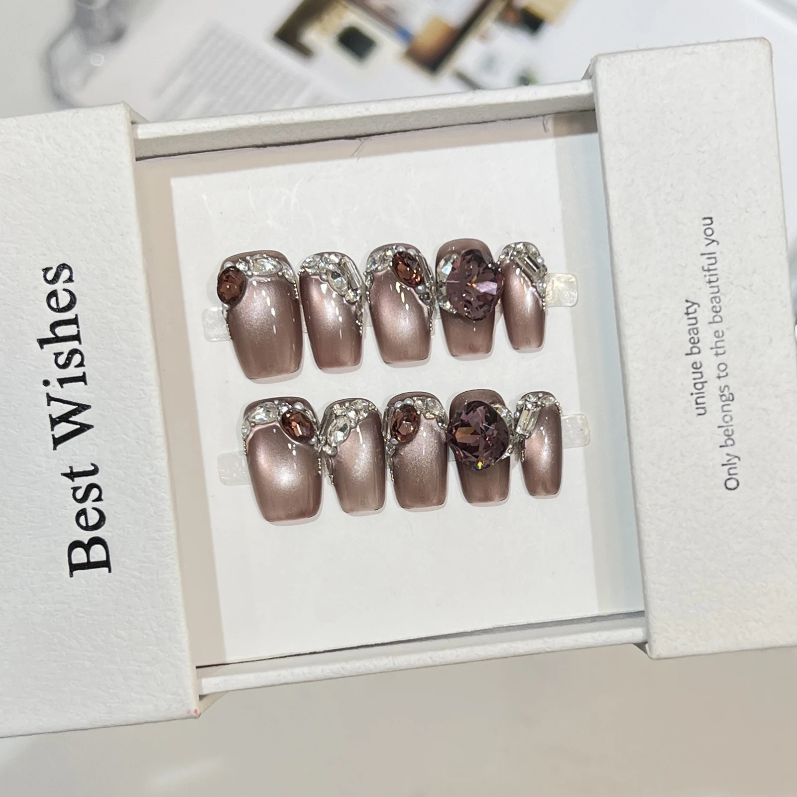 10 قطعة الكشمش الأسود القط العين الزجاج حبة الأظافر وهمية مع الزركون الراين اليدوية الصحافة على الأظافر للنساء ملابس الحفلات #2