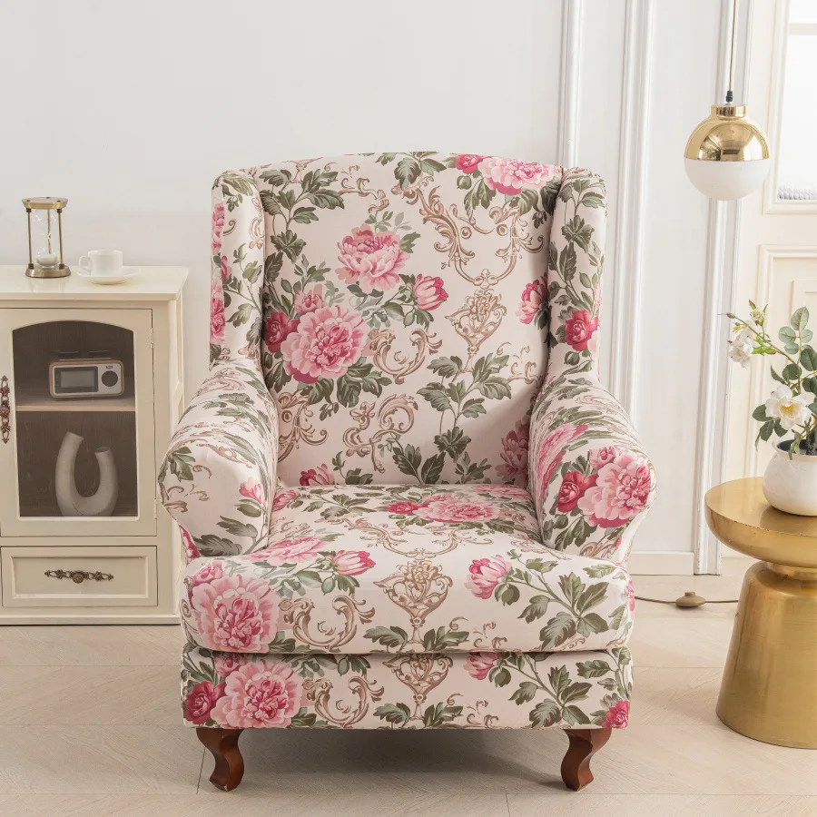 Stretch Wing Chair Cover Elastic Spandex Wingback Sofa Cover Nordic Flower Armchair Covers with Cushion Case Furniture Protector