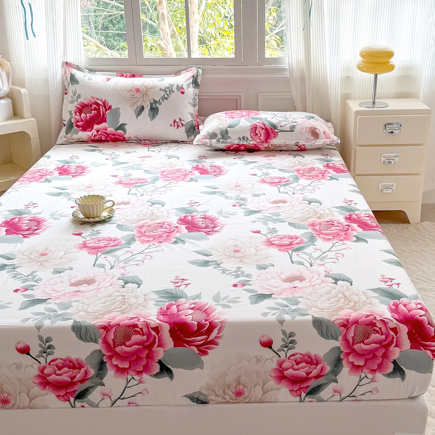 1pc Floral Style Fitted Sheet Printed Bed Sheet with Elastic Single/Queen/King Size Fitted Bed Sheet (Pillowcase Need Order)