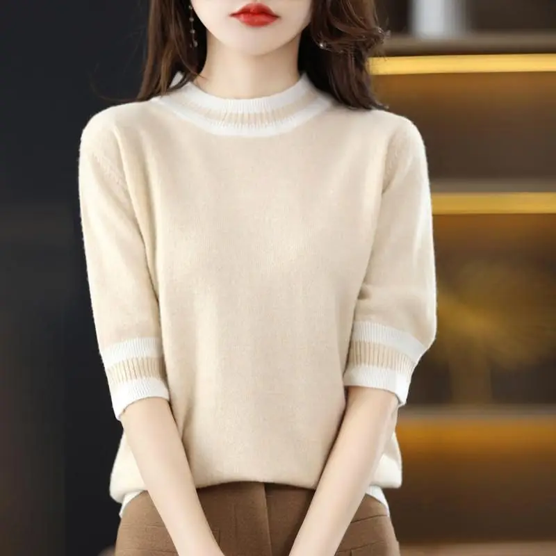 2024 summer new ice silk T-shirt short sleeve women's versatile round neck bright silk knit sweater foreign color block thin top