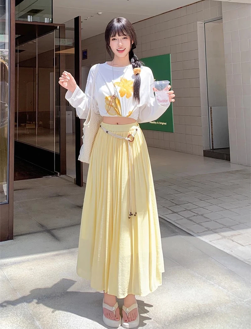 Boho Women's Skirt Cotton Linen Yellow Female Skirts High Waist Harajuku 2025 Trend  Luxury Elegant Vintage Long Skirt With Belt