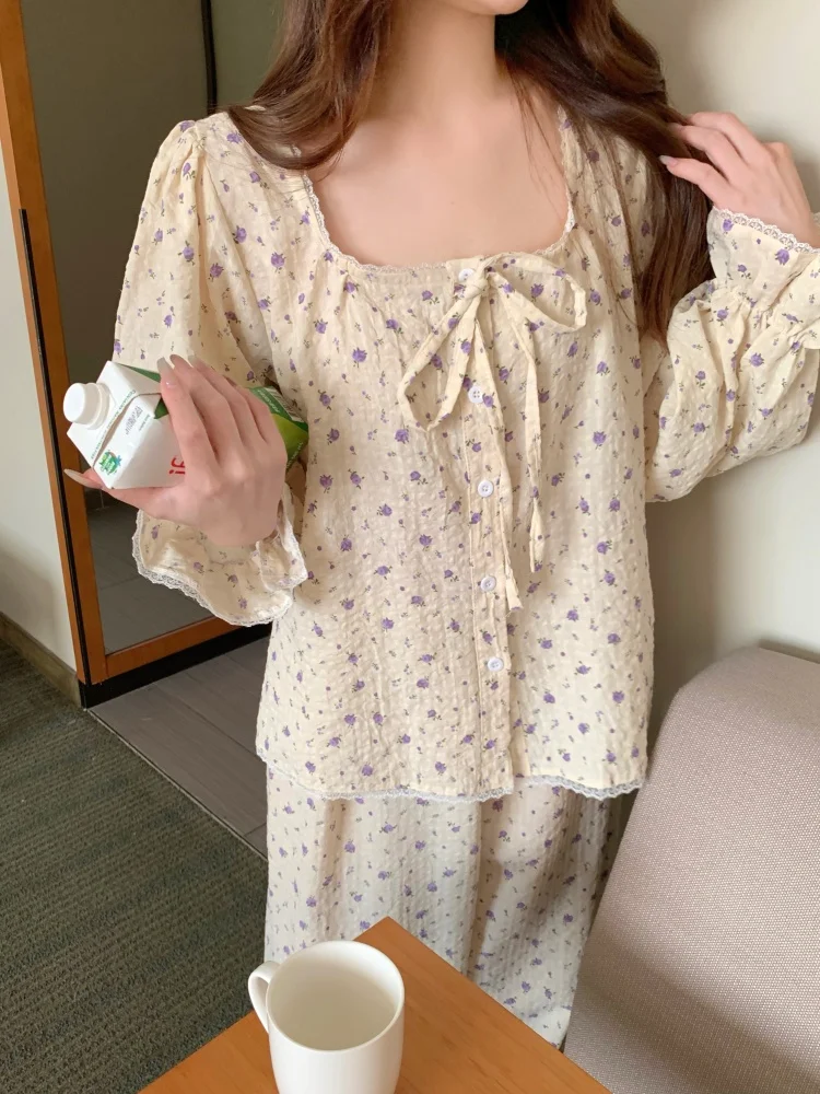 

korean floral print pajamas set women square collar shirts + trousers vintage cotton casual home suit bow autumn sleepwear loose