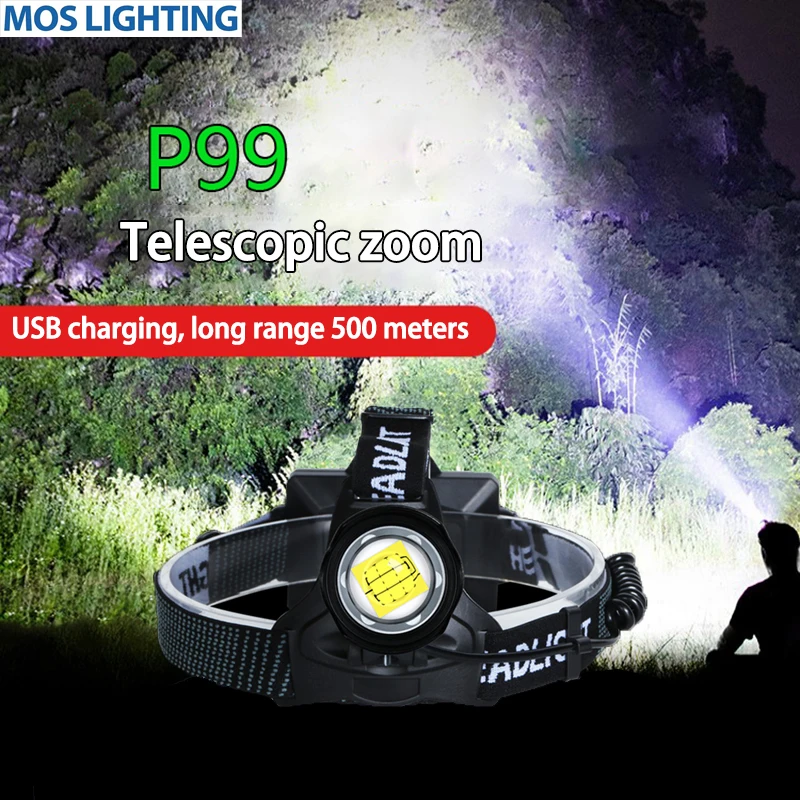 Outdoor Headlights Fishing Running Lights Household Emergency Induction Lighting Telescopic Zoom USB Charging Long Battery Life