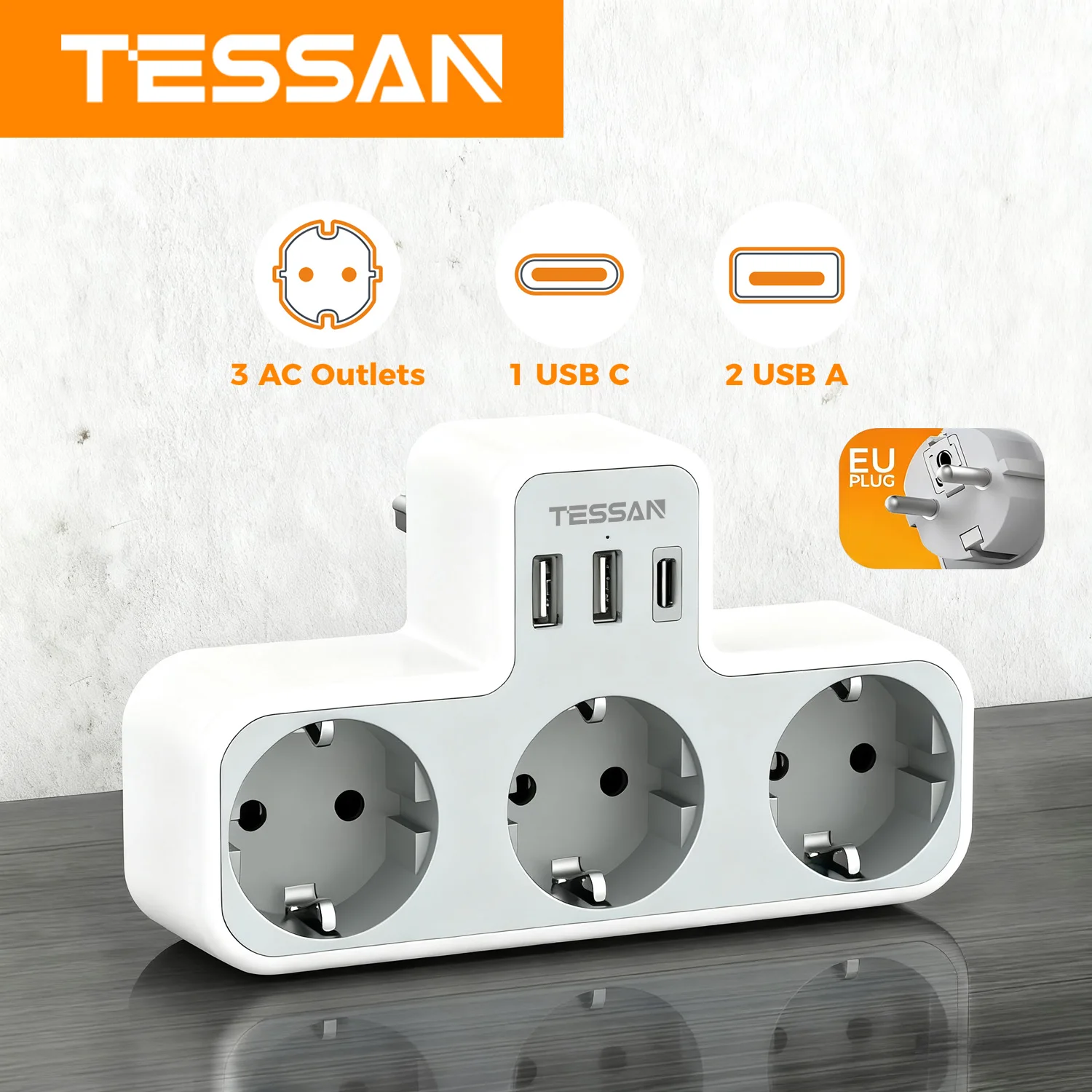 TESSAN Mehrfachsteckdose nach EU-Standard, USB-Wandsteckdose, 6-in-1-Steckdose mit 3 AC-Steckdosen, Adapter, Wandladegerät für Zuhause und Büro