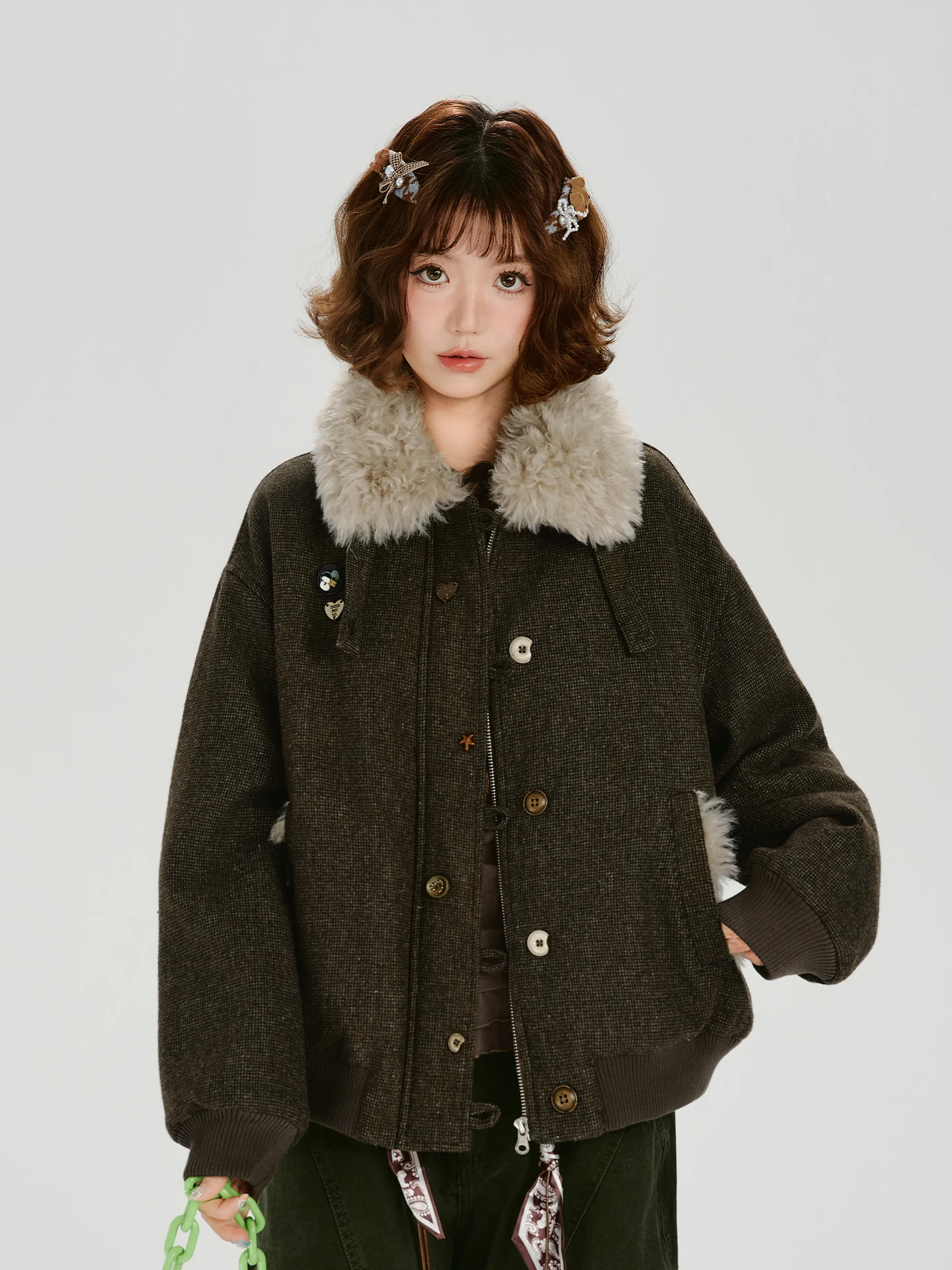 

Женская зимняя куртка в американском ретро-стиле с плюшевым воротником, новая теплая свободная модная повседневная модель с длинными рукавами на пуговицах