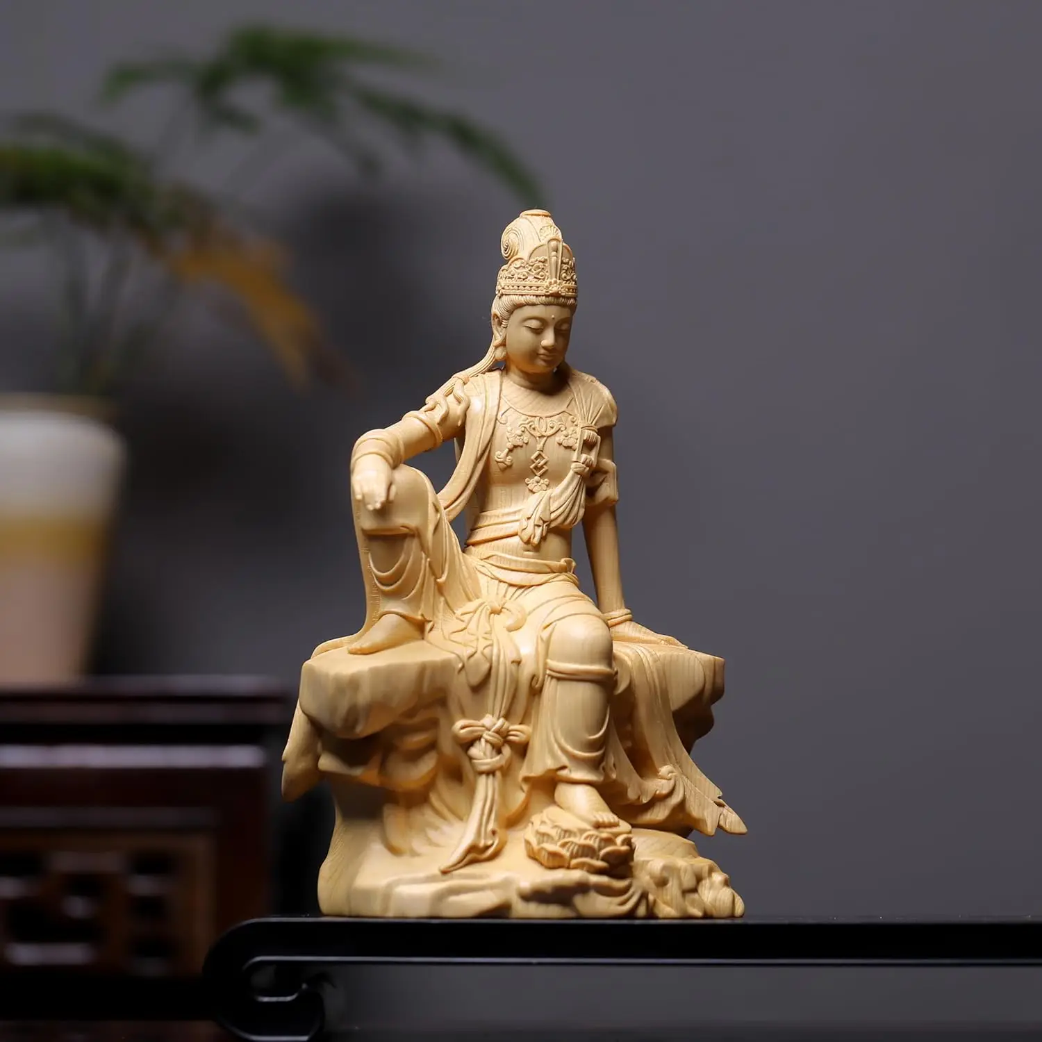 Cypress Wood Water Moon Guanyin Statue Bodhisattva of Serenity for Home or Temple, Traditional Buddhist Figurine