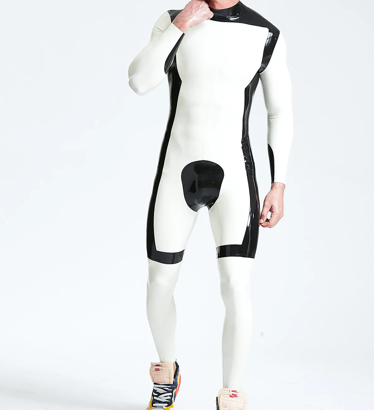 

NEU 100% Latex Rubber Gummi Uniform Catsuit Ganzanzug tight White&Black